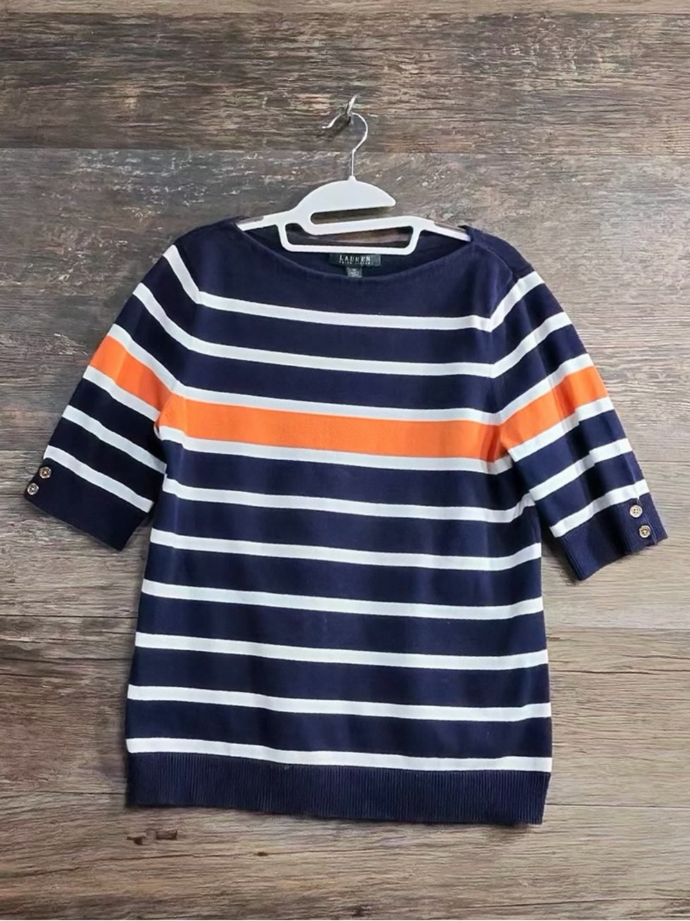 Lauren Ralph Lauren Navy, White & Orange Striped Short Sleeve Top Blouse